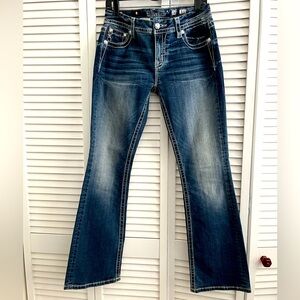 Miss Me Jeans Womens 28 Blue Bootcut Low Rise Stretch Fleur de Lis Embellished.